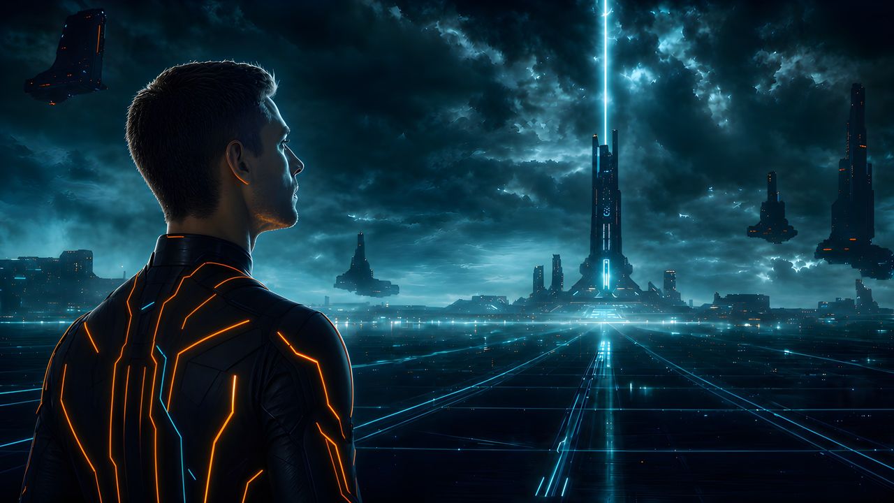 Tomasz in profile, in a dark suit with glowing orange circuit lines, looking out over a glowing cyan digital landscape with a tall light-beam spire under a stormy sky.