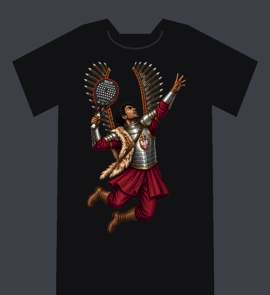 Example: the Classic hussar with a SIUX Electra Pro racket printed on a black T-shirt