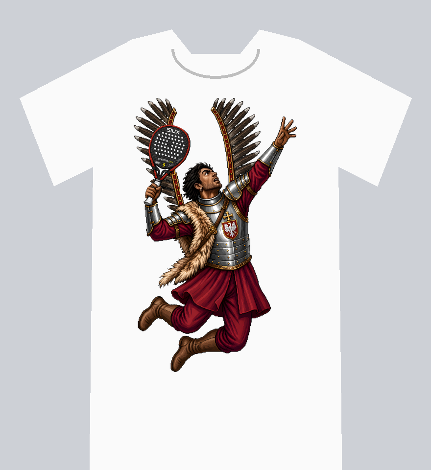Example: the Classic hussar with a SIUX Electra Pro racket printed on a white T-shirt