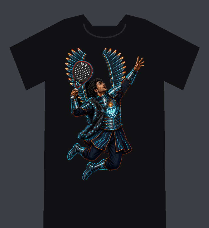 Example: the Neon hussar, dark armour with glowing cyan lines, with a SIUX Electra Pro racket on a black T-shirt
